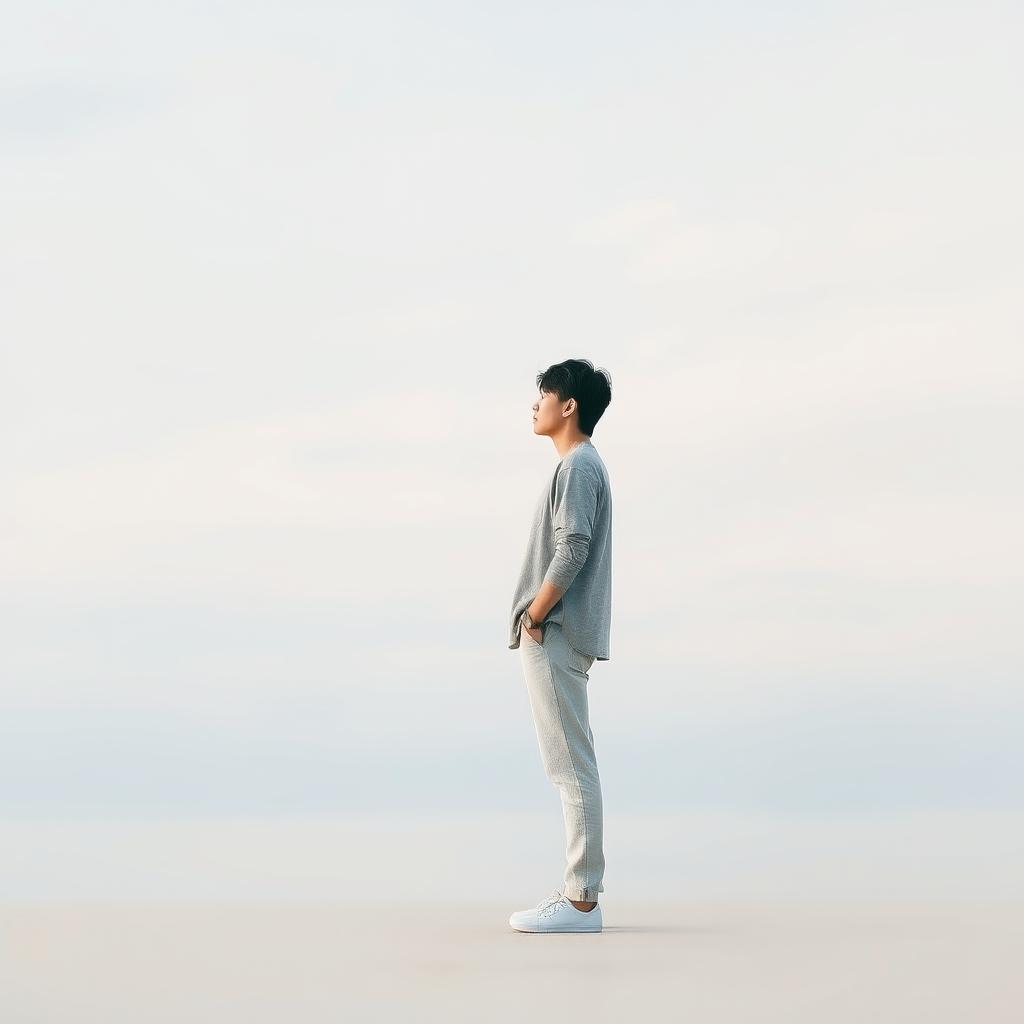 A minimalistic image representing the theme "the problem is not the world, but you" featuring a solitary figure standing in contemplation against a simple blurred background that evokes a feeling of introspection