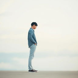 A minimalistic image representing the theme "the problem is not the world, but you" featuring a solitary figure standing in contemplation against a simple blurred background that evokes a feeling of introspection