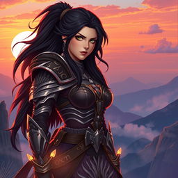 An elegant portrait of a strong, fierce female warrior standing on a cliff at dawn