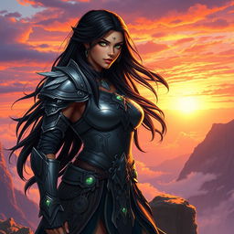 An elegant portrait of a strong, fierce female warrior standing on a cliff at dawn