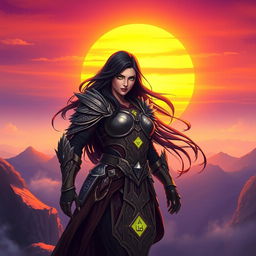 An elegant portrait of a strong, fierce female warrior standing on a cliff at dawn