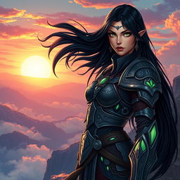 An elegant portrait of a strong, fierce female warrior standing on a cliff at dawn