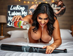 A sexy busty Arab woman bending over a bed, fully nude with clear lubricant dripping off her huge breasts