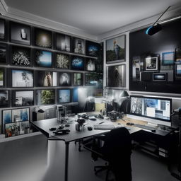 A sophisticated photographer's office featuring walls adorned with diverse photographs, a large desk with a state-of-the-art computer, assorted photography equipment, and creative lighting