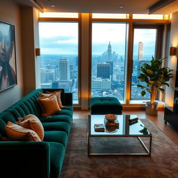 A stylish, chic interior scene featuring modern furniture and elegant decor