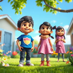 A vibrant and lively animated 3D scene depicting a cheerful and sunny backyard