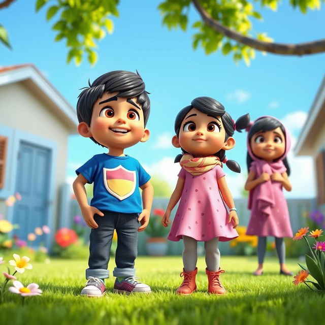 A vibrant and lively animated 3D scene depicting a cheerful and sunny backyard