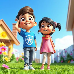 A vibrant and lively animated 3D scene depicting a cheerful and sunny backyard