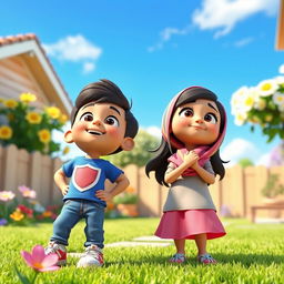 A vibrant and lively animated 3D scene depicting a cheerful and sunny backyard