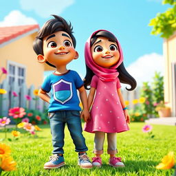 A vibrant and lively animated 3D scene depicting a cheerful and sunny backyard