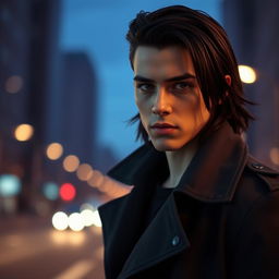 A captivating portrait of a young man with sharp features and long black hair, wearing a dark trench coat