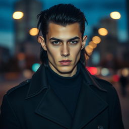 A captivating portrait of a young man with sharp features and long black hair, wearing a dark trench coat
