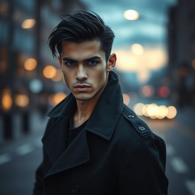 A captivating portrait of a young man with sharp features and long black hair, wearing a dark trench coat