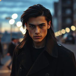 A captivating portrait of a young man with sharp features and long black hair, wearing a dark trench coat