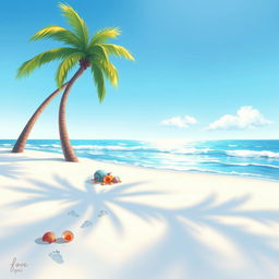 An animated painting of a serene beach landscape featuring a clear blue sky, soft white sand, and gentle ocean waves
