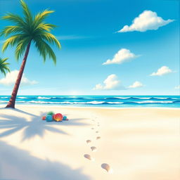 An animated painting of a serene beach landscape featuring a clear blue sky, soft white sand, and gentle ocean waves