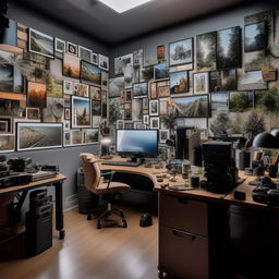 A sophisticated photographer's office featuring walls adorned with diverse photographs, a large desk with a state-of-the-art computer, assorted photography equipment, and creative lighting