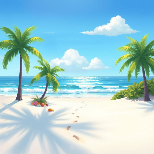 An animated painting of a serene beach landscape featuring a clear blue sky, soft white sand, and gentle ocean waves