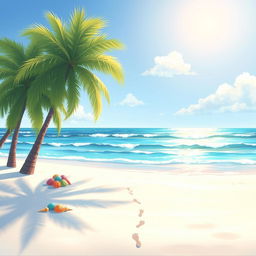 An animated painting of a serene beach landscape featuring a clear blue sky, soft white sand, and gentle ocean waves