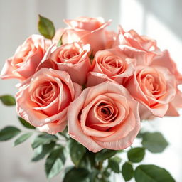 A stunning bouquet of roses in luxurious rose gold hues, elegantly arranged with delicate green leaves and soft, ethereal lighting that creates a dreamy atmosphere