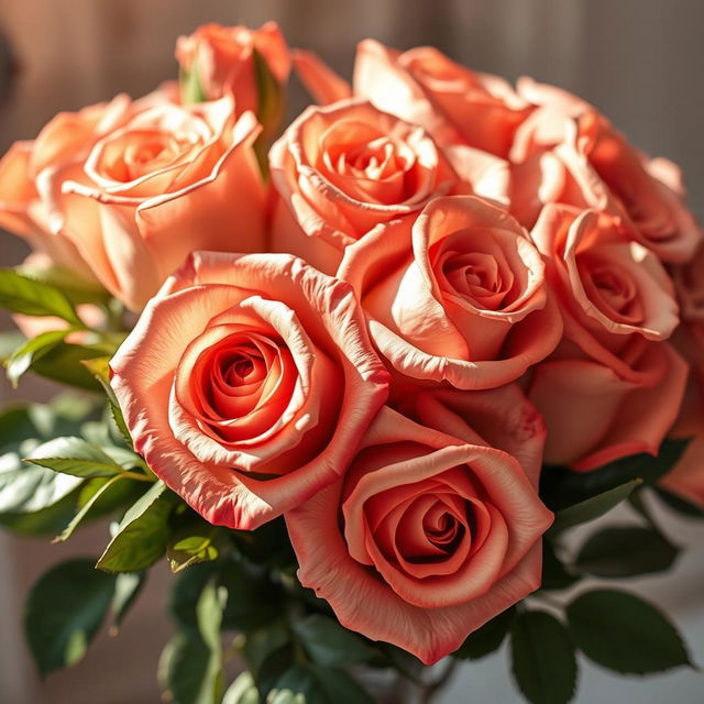 A stunning bouquet of roses in luxurious rose gold hues, elegantly arranged with delicate green leaves and soft, ethereal lighting that creates a dreamy atmosphere