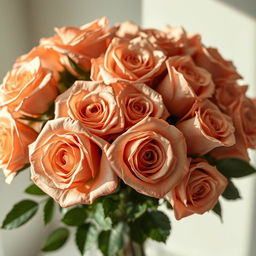 A stunning bouquet of roses in luxurious rose gold hues, elegantly arranged with delicate green leaves and soft, ethereal lighting that creates a dreamy atmosphere