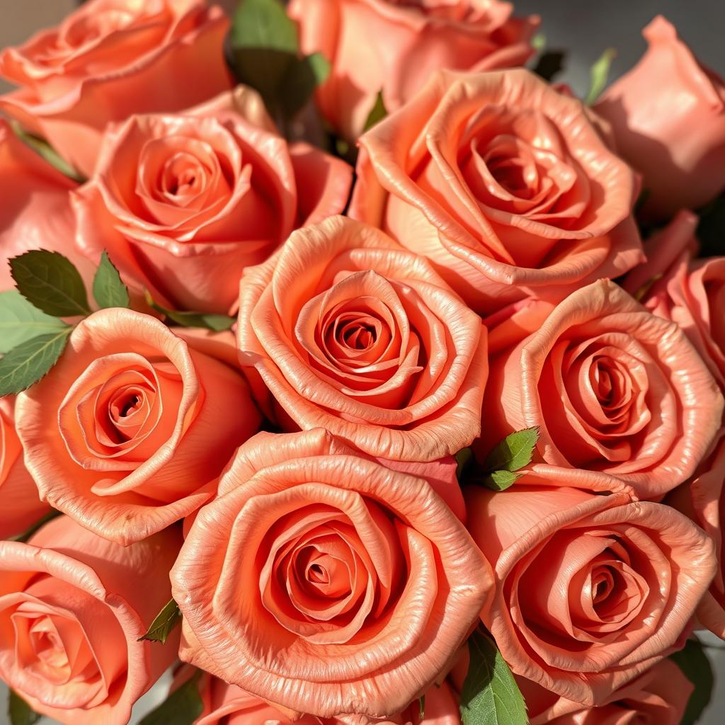 A stunning bouquet of roses in luxurious rose gold hues, elegantly arranged with delicate green leaves and soft, ethereal lighting that creates a dreamy atmosphere