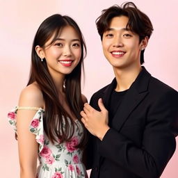 A captivating portrait of Jungkook and IU standing close together, smiling warmly at the camera
