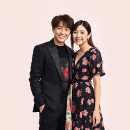 A captivating portrait of Jungkook and IU standing close together, smiling warmly at the camera