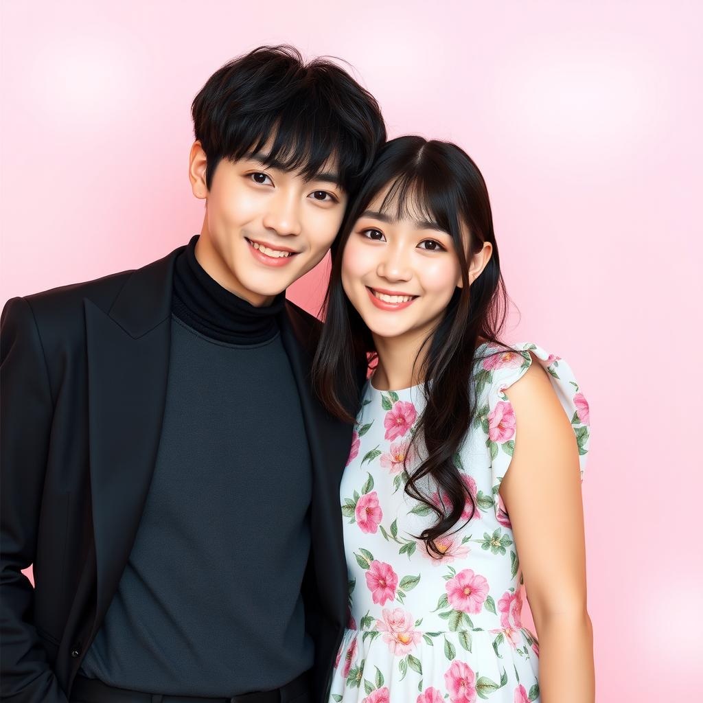 A captivating portrait of Jungkook and IU standing close together, smiling warmly at the camera