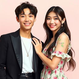 A captivating portrait of Jungkook and IU standing close together, smiling warmly at the camera