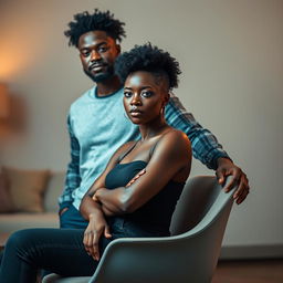 A striking portrait of a confident black woman sitting elegantly on a modern chair, her posture exuding grace and poise