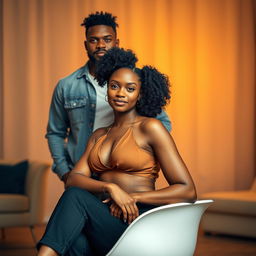 A striking portrait of a confident black woman sitting elegantly on a modern chair, her posture exuding grace and poise