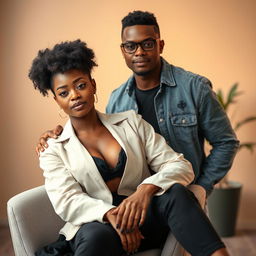 A striking portrait of a confident black woman sitting elegantly on a modern chair, her posture exuding grace and poise