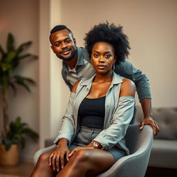 A striking portrait of a confident black woman sitting elegantly on a modern chair, her posture exuding grace and poise