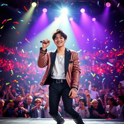 A dynamic and energetic portrait of Jungkook from BTS performing on stage, with vibrant stage lights illuminating his charismatic presence