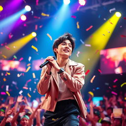 A dynamic and energetic portrait of Jungkook from BTS performing on stage, with vibrant stage lights illuminating his charismatic presence