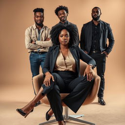 A striking scene featuring a confident black woman sitting elegantly on a modern chair
