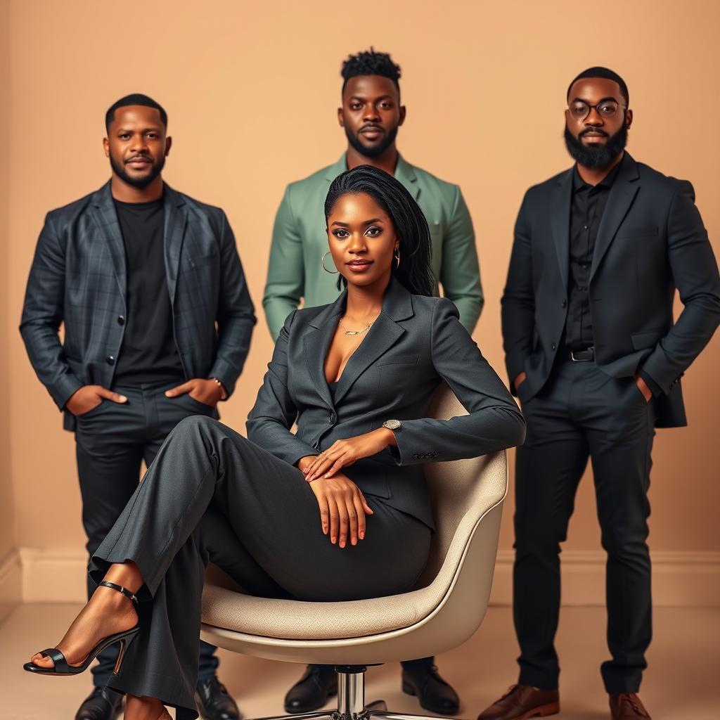 A striking scene featuring a confident black woman sitting elegantly on a modern chair