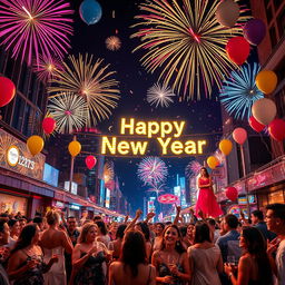 A vibrant and festive New Year celebration scene, showcasing a lively urban setting filled with colorful fireworks lighting up the night sky