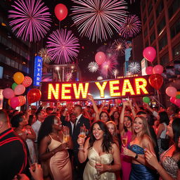A vibrant and festive New Year celebration scene, showcasing a lively urban setting filled with colorful fireworks lighting up the night sky
