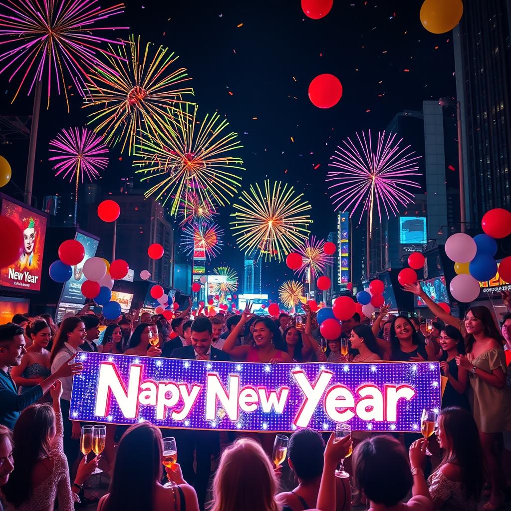 A vibrant and festive New Year celebration scene, showcasing a lively urban setting filled with colorful fireworks lighting up the night sky