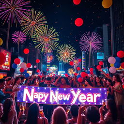 A vibrant and festive New Year celebration scene, showcasing a lively urban setting filled with colorful fireworks lighting up the night sky