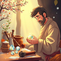 A heartfelt illustration capturing the essence of true friendship, symbolized by a patient artisan polishing a precious gemstone
