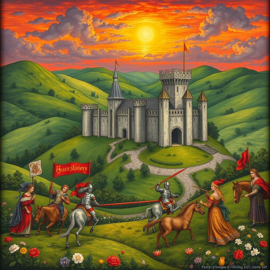 A stunning medieval painting depicting a grand castle surrounded by lush green hills, the sky painted in a dramatic sunset with hues of orange and purple