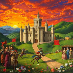 A stunning medieval painting depicting a grand castle surrounded by lush green hills, the sky painted in a dramatic sunset with hues of orange and purple