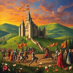 A stunning medieval painting depicting a grand castle surrounded by lush green hills, the sky painted in a dramatic sunset with hues of orange and purple