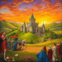 A stunning medieval painting depicting a grand castle surrounded by lush green hills, the sky painted in a dramatic sunset with hues of orange and purple