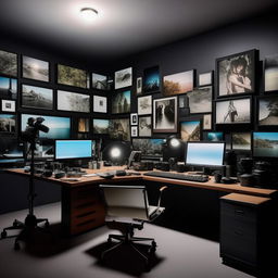 A sophisticated photographer's office featuring walls adorned with diverse photographs, a large desk with a state-of-the-art computer, assorted photography equipment, and creative lighting