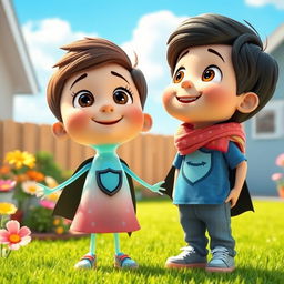 A vibrant and lively animated 3D scene depicting a cheerful and sunny backyard